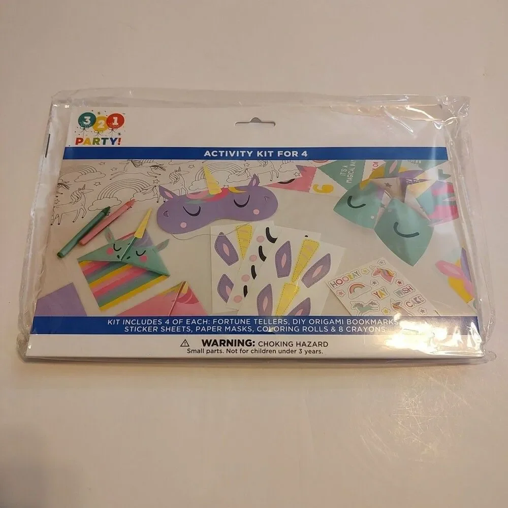 3•2•1 Party Unicorn Activity Kit for 4 Kids DIY Origami Coloring Stickers Masks